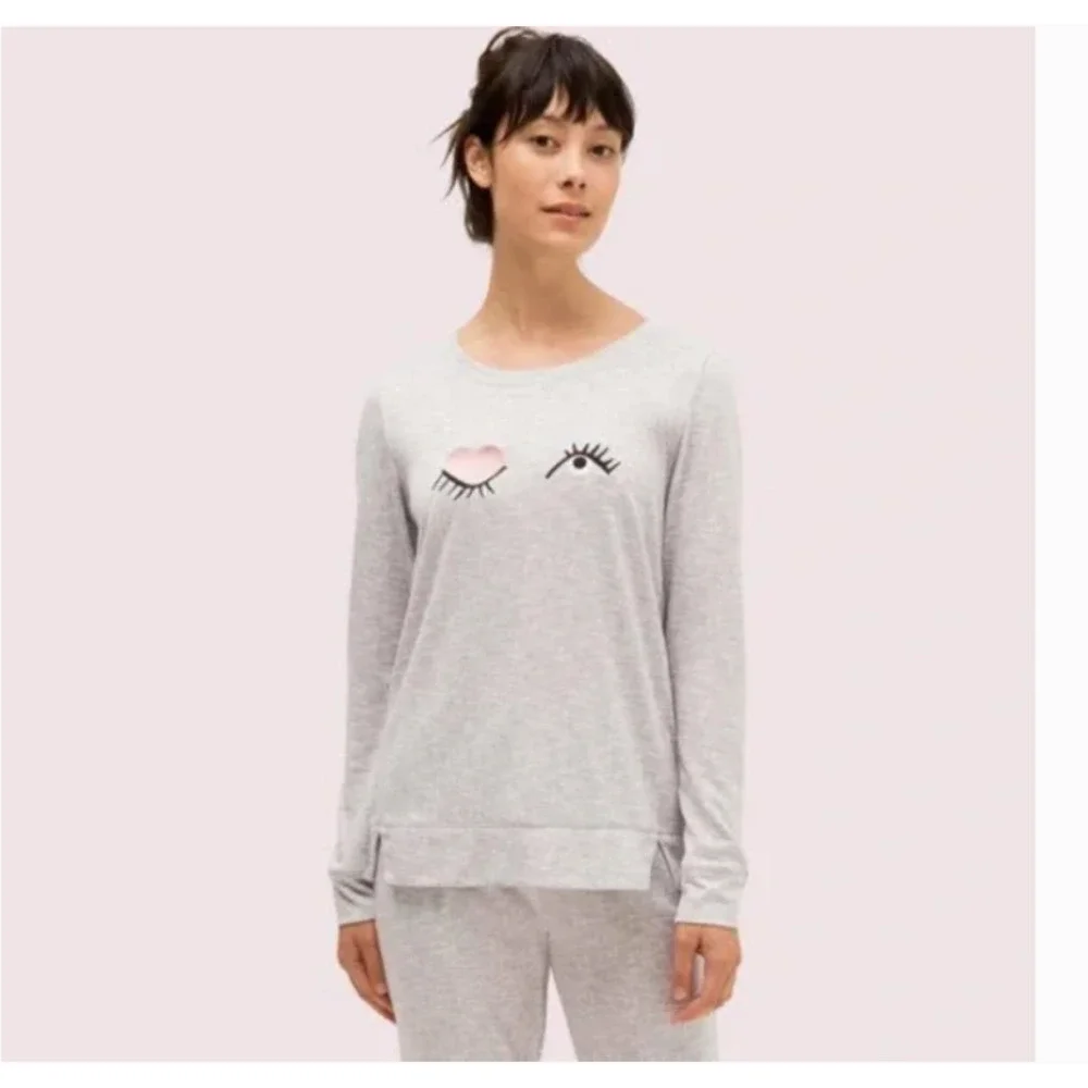 Kate Spade Sleepwear Wink Eye Gray Soft Knit Pajama Lounge Sleep Long Sleeve Top